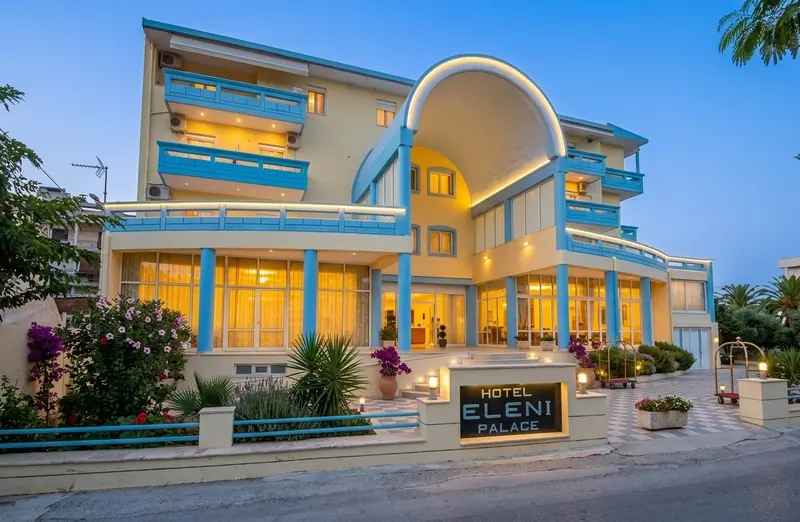 Eleni Palace hotel exterior at dusk in Amoudara, Crete